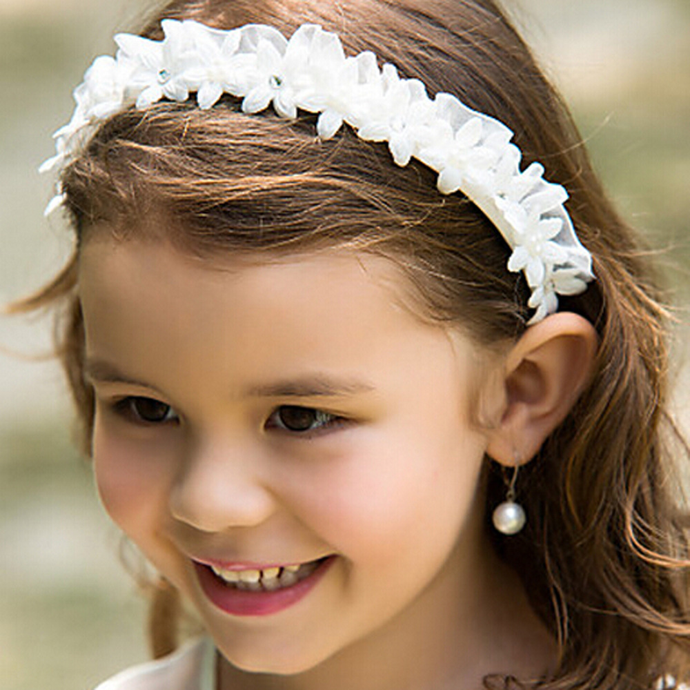 White Flower Girl Headbands Wedding Hair Accessories For Children Formal Kids Party Head Pieces Cute Beaded Rhinestone Headwear Easter Hair Bows