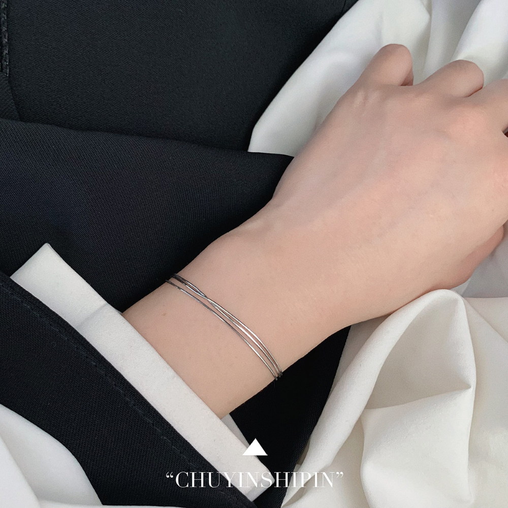 Linglang S925 Sterling Silver Bracelet Charm Layered Bracelet Simple Adjustable Silver Bangle Jewelry Gift