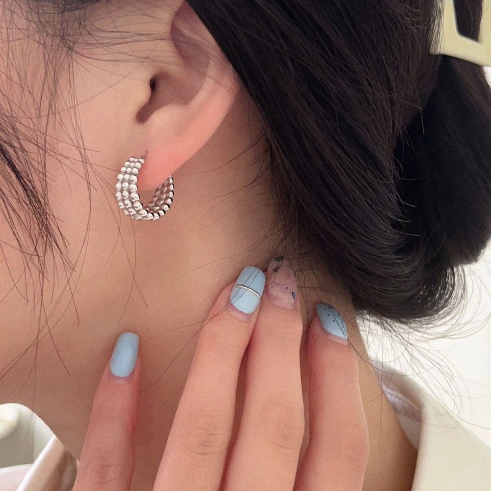 Linglang S925 Sterling Silver Cuff Earrings 3 Layered Stud Earrings Minimalist Vintage Earrings Silver Jewelry