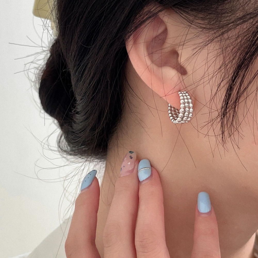 Linglang S925 Sterling Silver Cuff Earrings 3 Layered Stud Earrings Minimalist Vintage Earrings Silver Jewelry