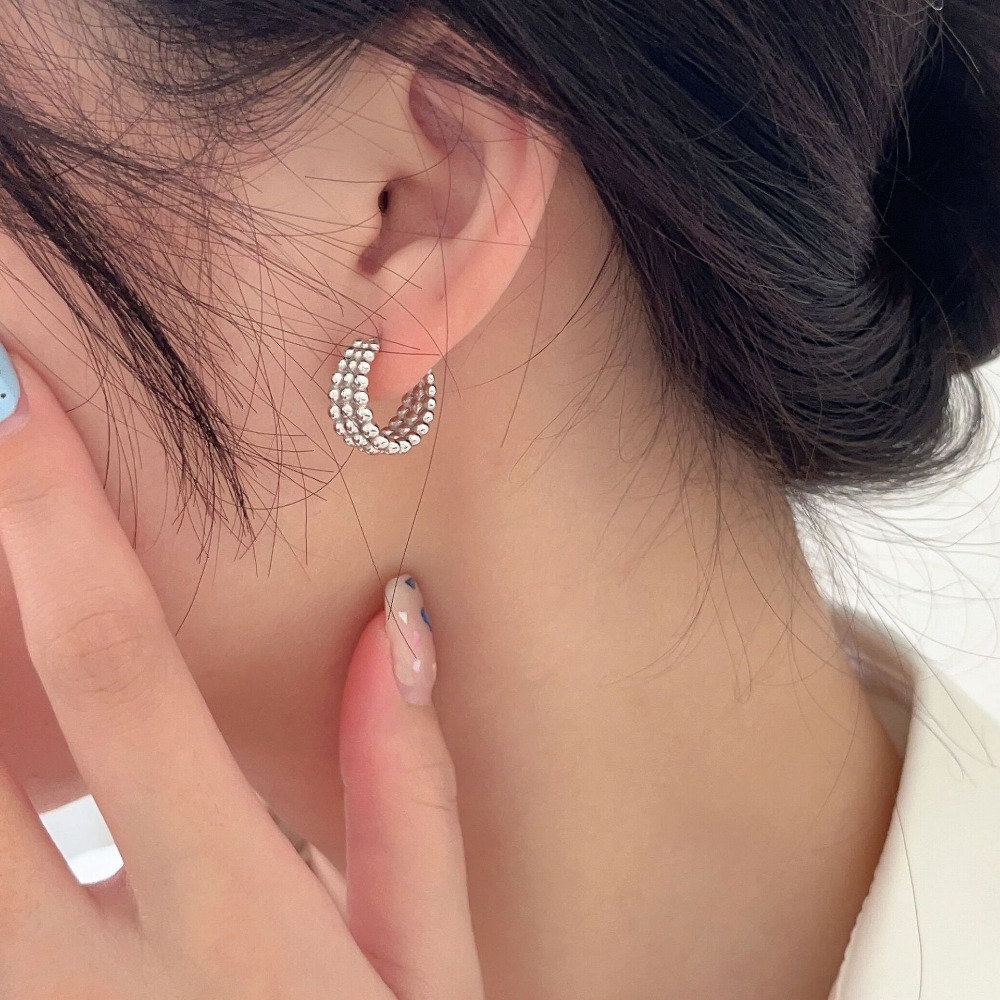 Linglang S925 Sterling Silver Cuff Earrings 3 Layered Stud Earrings Minimalist Vintage Earrings Silver Jewelry