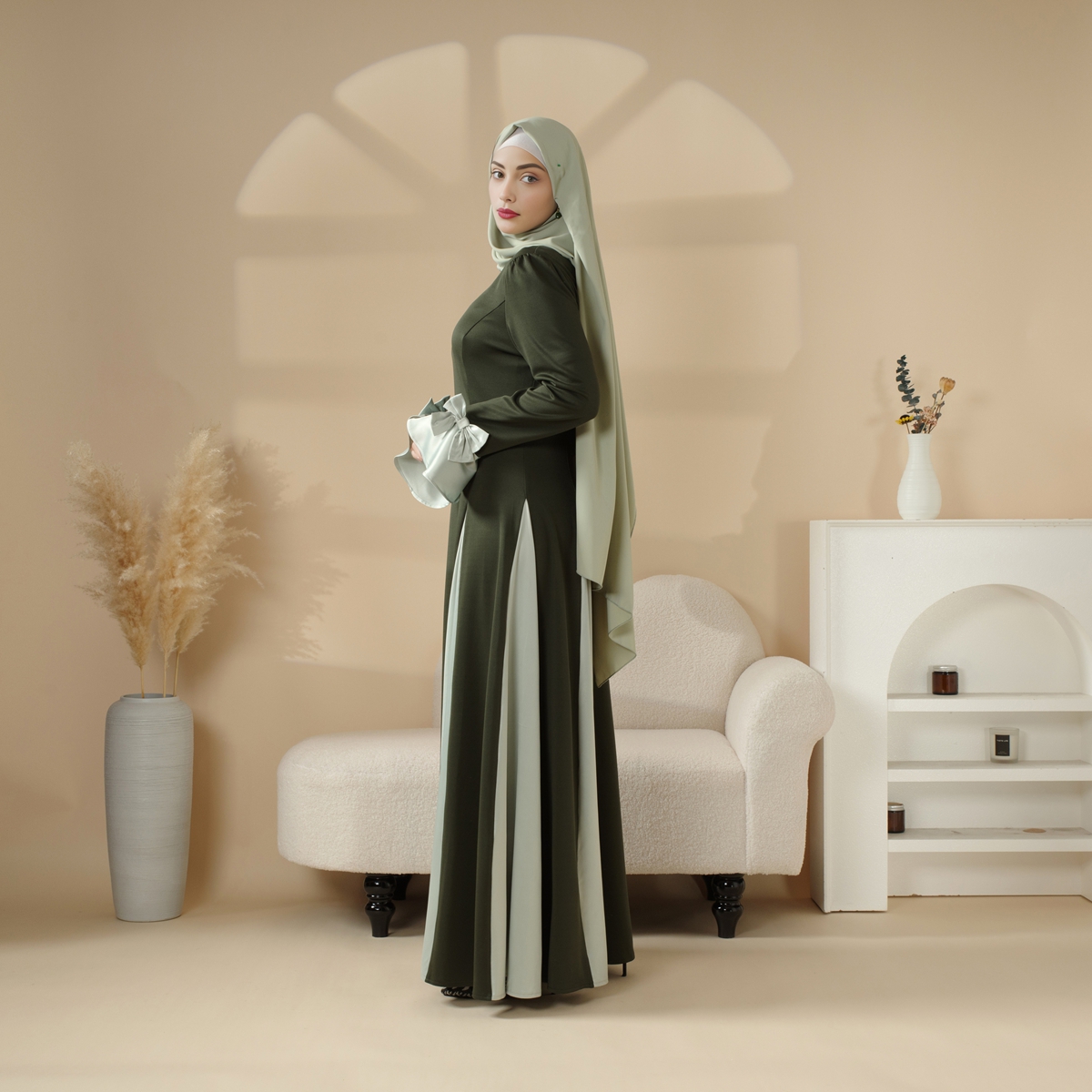 Milan Elegant Dual Tone Abaya Dress With Color Block Design (MA126)