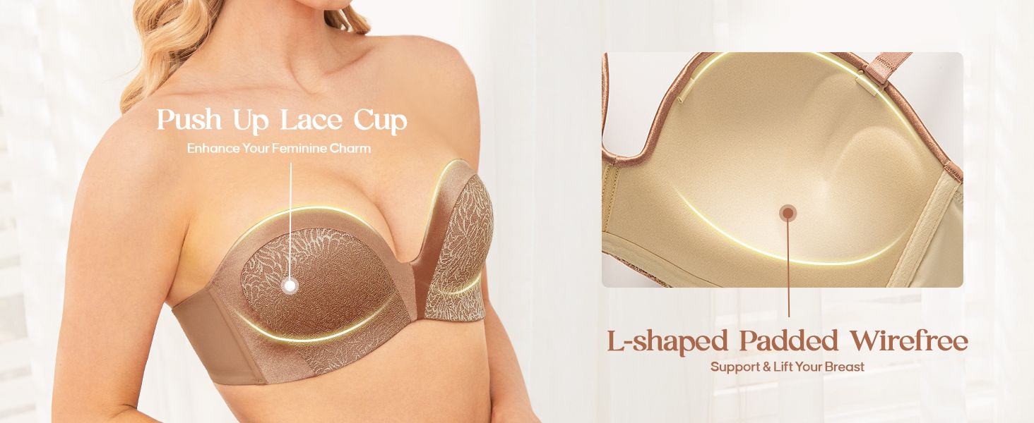 Strapless Bra Push Up Plunge Wireless Padded Multiway Contour
