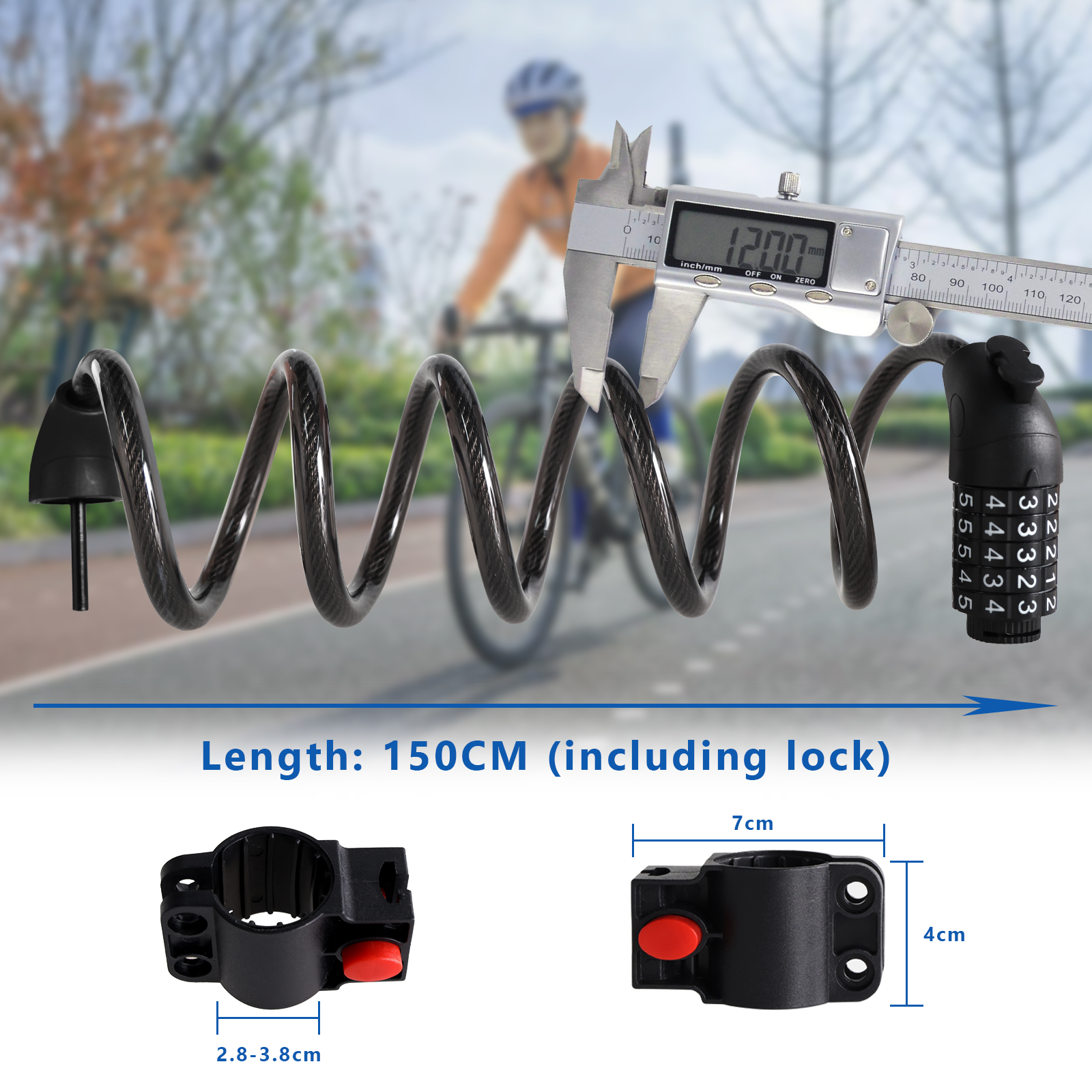 Heavy Duty Bike Lock – 5-Digit Combination, Waterproof Chain Lock, 1.5m Cable, Black