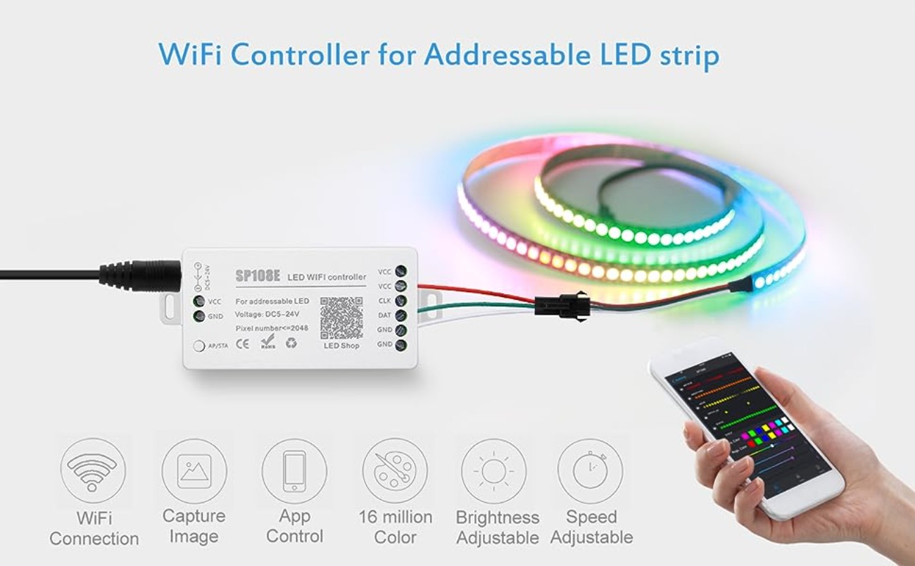 WS2812B WS2811 WS2801 Addressable LED Strip WiFi Controller iOS Android App Remote Control SP108E 01