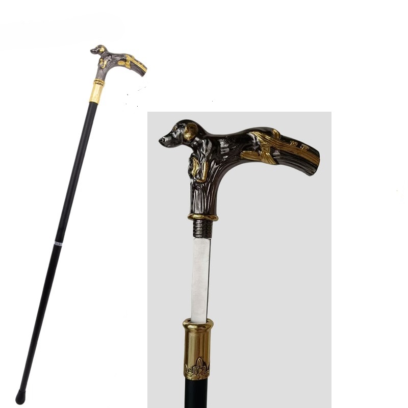 Mâner de câine negru auriu în aer liber, model de lux, baston de mers pe jos, petrecere, modă decorativă, Cospaly, alpinism, excursie, baston cu sabie de 33CM_voghion.com