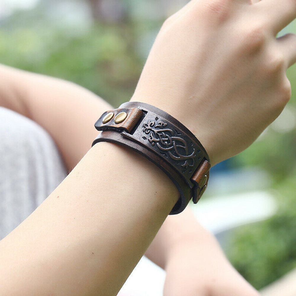 Bracelet Homme Style Viking - Simili-cuir Et Métal (bronze/doré) - Bouton Réglable - Neuf Avec étiquettes