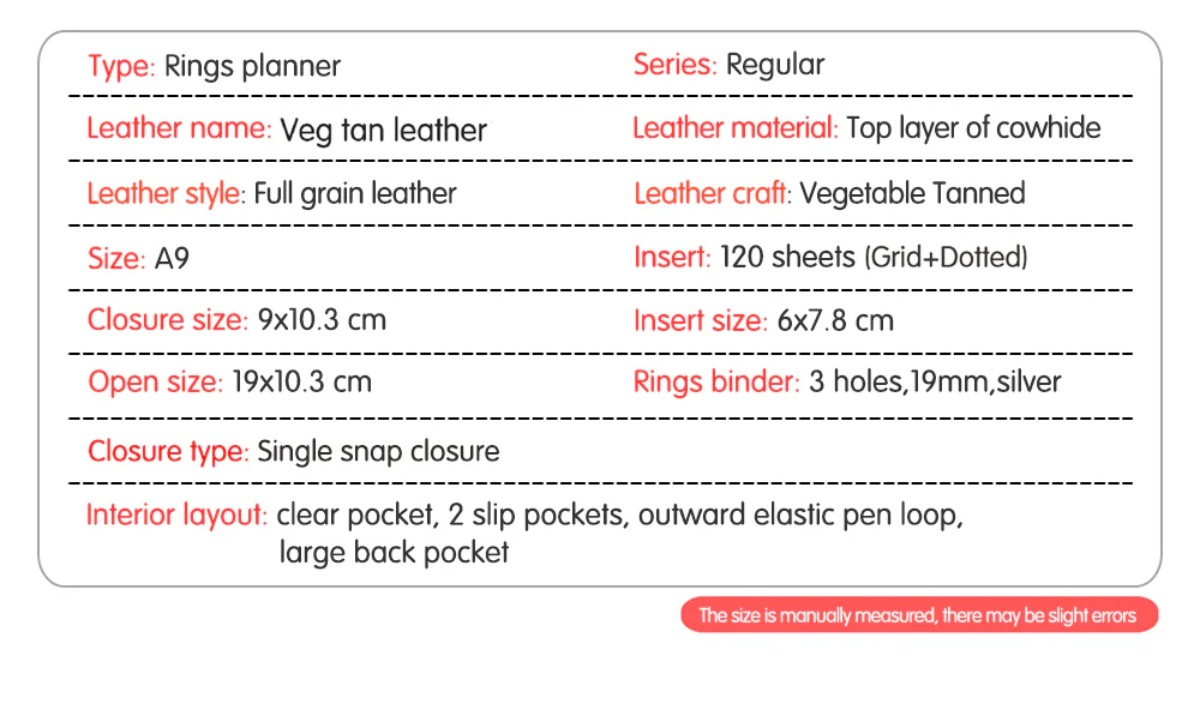 Moterm Regular Rings Planner - A9 (Vegetable Tanned Leather)