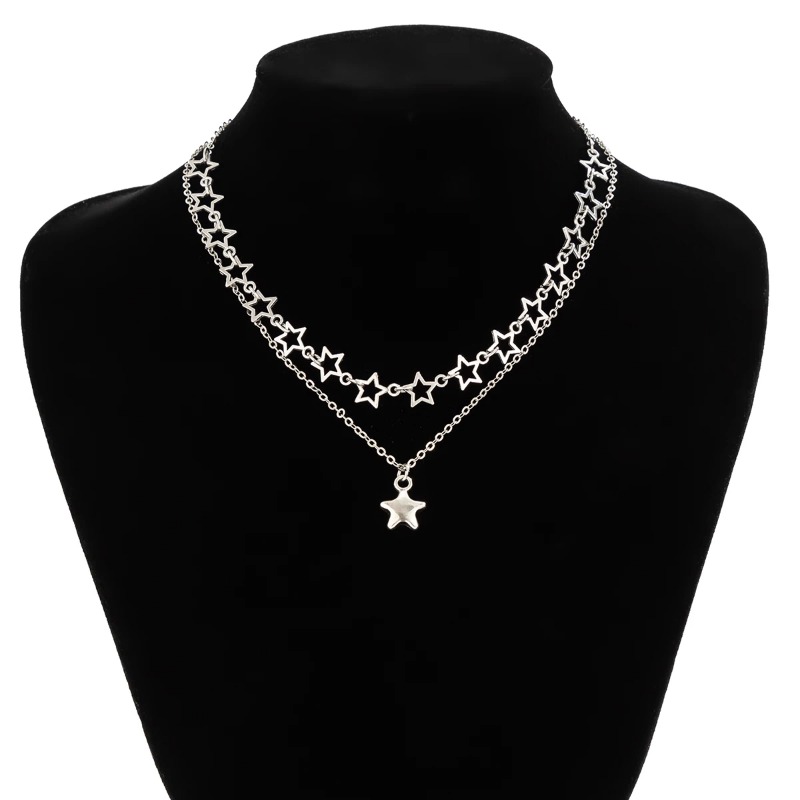 Sight. z 2 Parts/Set Punk Hollow Star Pendant Necklace for Women Simple Silver Color Metal Link Chain Choker Necklace Set_voghion.com