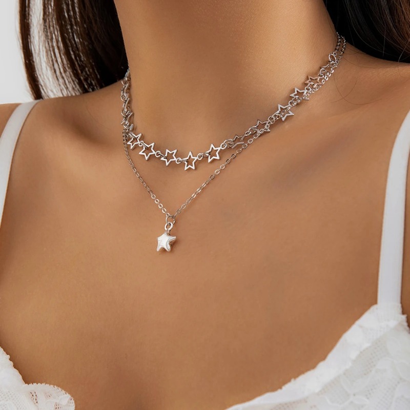 Sight. z 2 Parts/Set Punk Hollow Star Pendant Necklace for Women Simple Silver Color Metal Link Chain Choker Necklace Set_voghion.com
