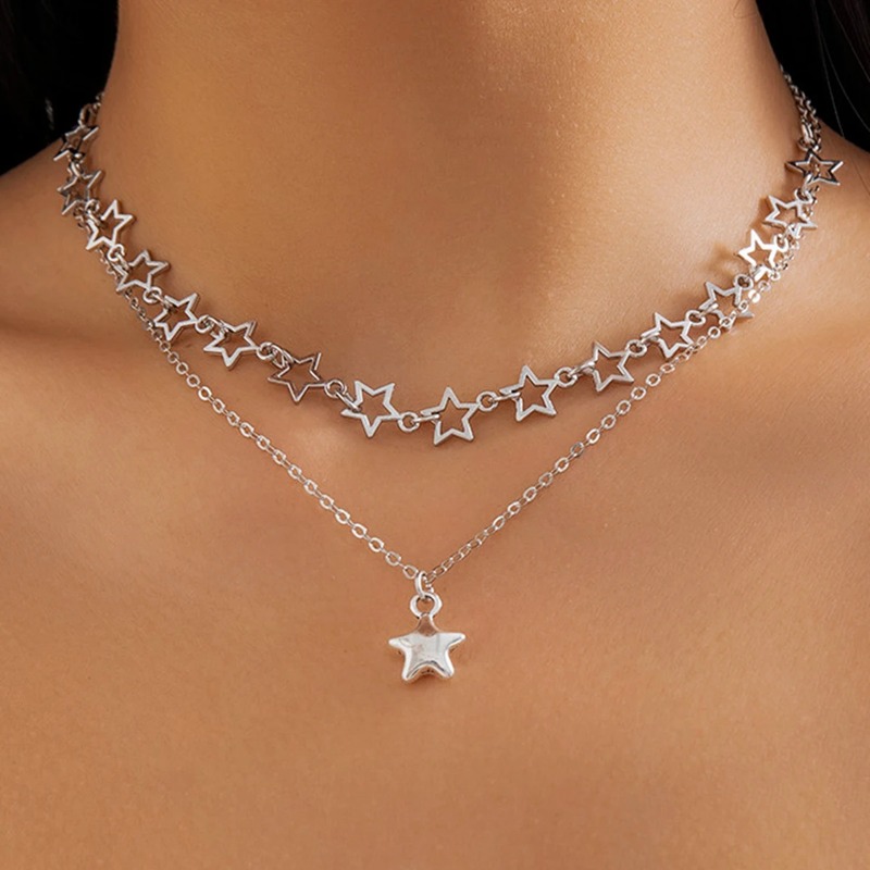 Sight. z 2 Parts/Set Punk Hollow Star Pendant Necklace for Women Simple Silver Color Metal Link Chain Choker Necklace Set_voghion.com