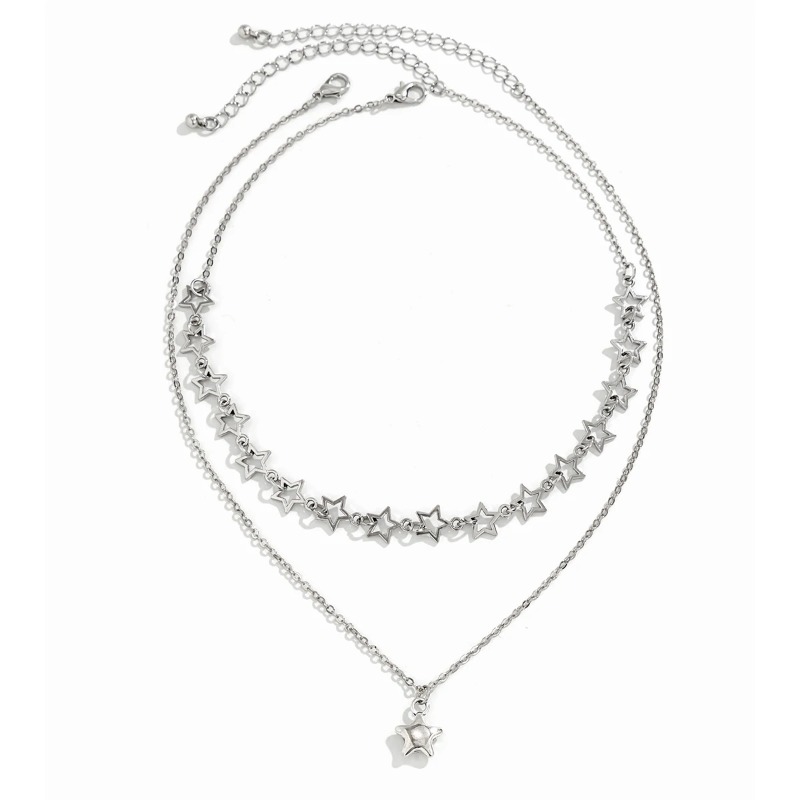 Sight. z 2 Parts/Set Punk Hollow Star Pendant Necklace for Women Simple Silver Color Metal Link Chain Choker Necklace Set_voghion.com