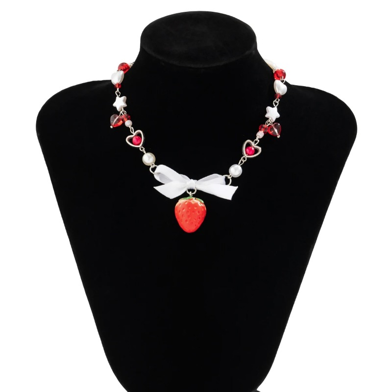 Salircon Colar com pingente de morango vermelho doce coreano gótico Y2K em formato de coração, colar de pérolas artificiais, gargantilha, joias da moda_voghion.com