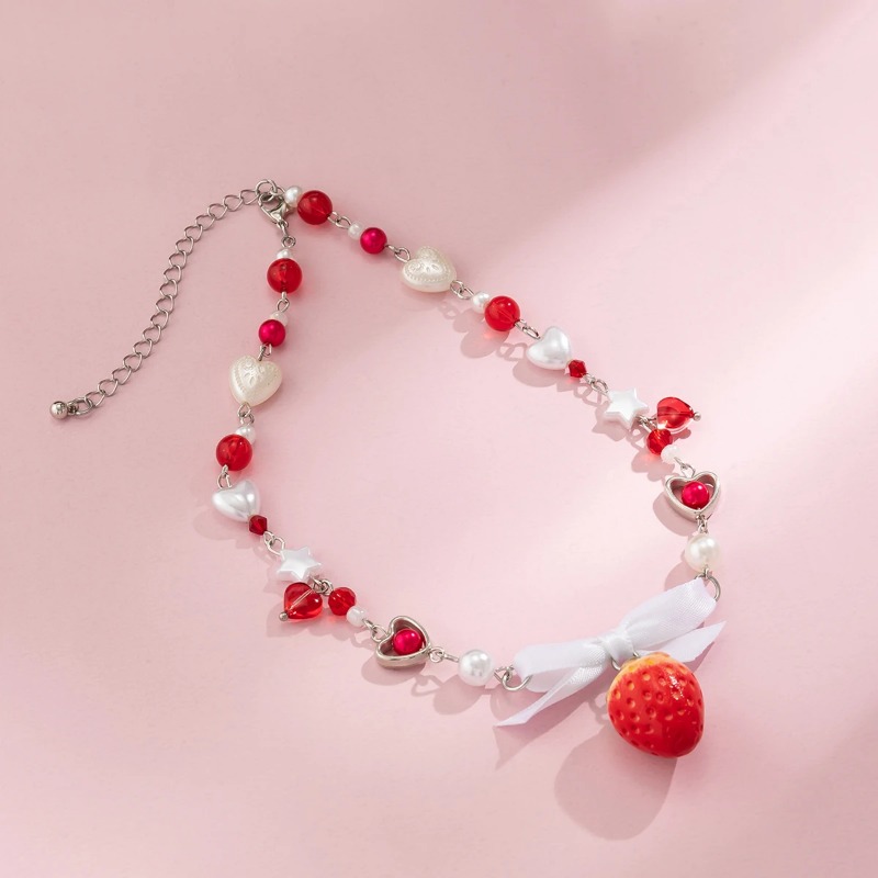 Salircon Colar com pingente de morango vermelho doce coreano gótico Y2K em formato de coração, colar de pérolas artificiais, gargantilha, joias da moda_voghion.com