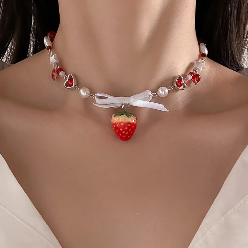 Salircon Colar com pingente de morango vermelho doce coreano gótico Y2K em formato de coração, colar de pérolas artificiais, gargantilha, joias da moda_voghion.com