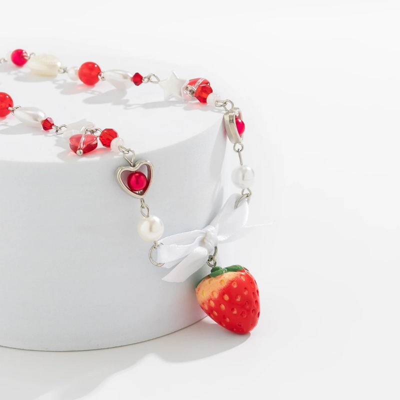 Salircon Colar com pingente de morango vermelho doce coreano gótico Y2K em formato de coração, colar de pérolas artificiais, gargantilha, joias da moda_voghion.com