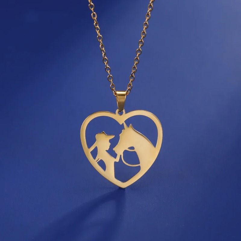 Skyirm Halskette mit Prinzessinnen-Reitpferd, Herzkette, Geschenk für Frauen und Männer, goldfarben, Edelstahl-Anhänger, Modeschmuck_voghion.com