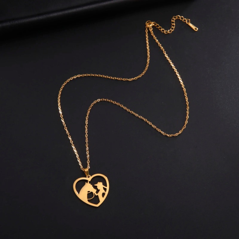 Skyirm Halskette mit Prinzessinnen-Reitpferd, Herzkette, Geschenk für Frauen und Männer, goldfarben, Edelstahl-Anhänger, Modeschmuck_voghion.com