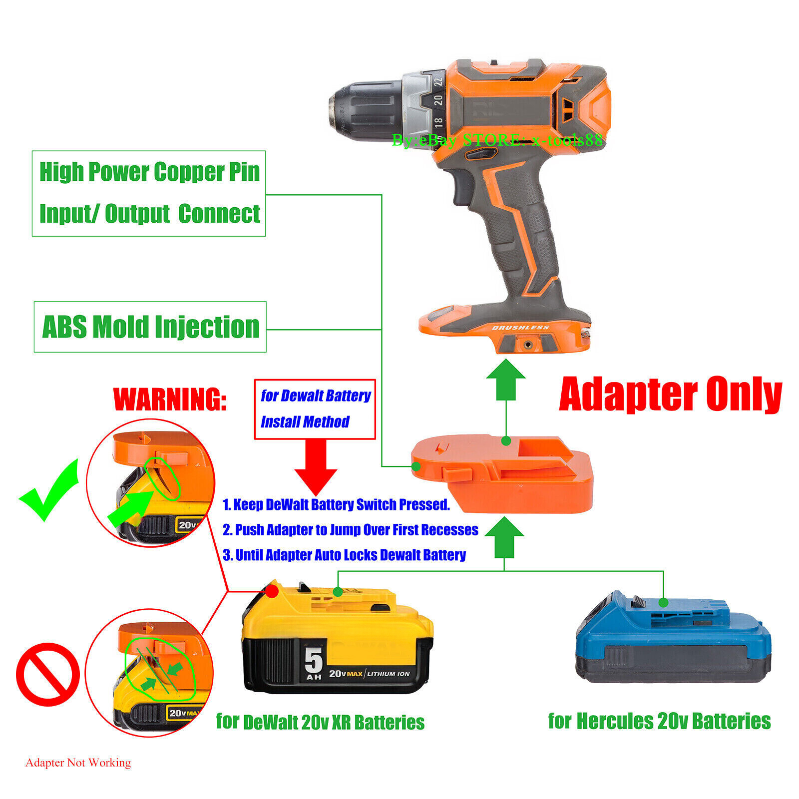 Battery Adapter – Convert Hercules 20V Li-Ion Battery To Fit Dewalt 18V Power Tools