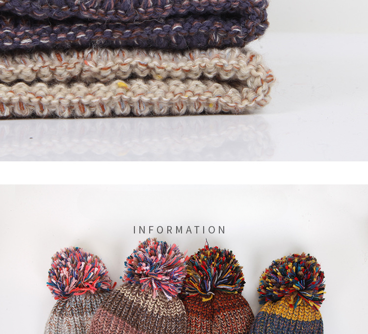 Autumn and winter new Europe and the United States hairball fishbone mixed color thick knitted hat for women wool hat mixed color knitted hat_voghion.com