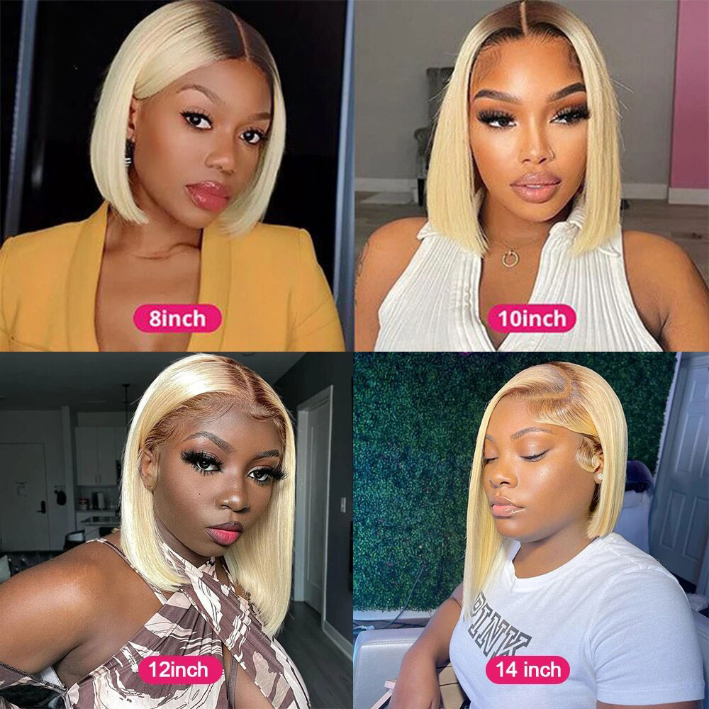 4/613 Blonde Bob Wig Dark Root Honey Blonde Colored Short Bob Human Hair Wigs 13x4 Lace Frontal Brazilian Hair Wigs For Women_voghion.com