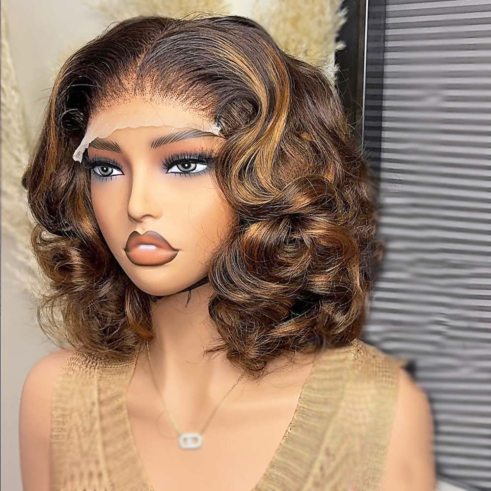 Ombre Blonden Kuerz Bob 5x5 Glueless Mënsch Hoer Perücken 13x4 Transparent Spëtzele Frontal Perücken Braun Los Deep Wave Bob Fir Fraen_voghion.com