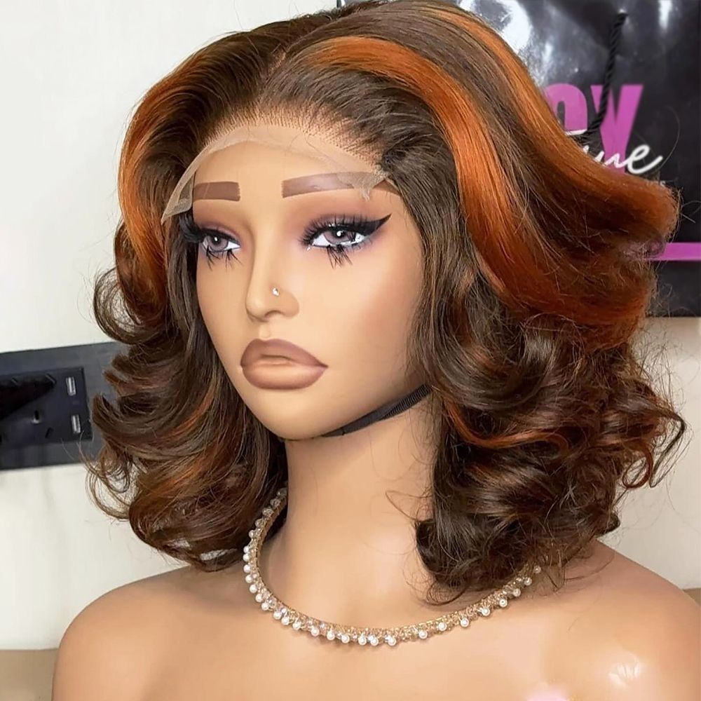 Destaque Ginger Orange Short Bob Bouncy wave 5x5 Glueless Human Hair Wigs Brown Loose Deep Wave Bouncy wave Bob Transparent Lace Wigs para mulheres_voghion.com