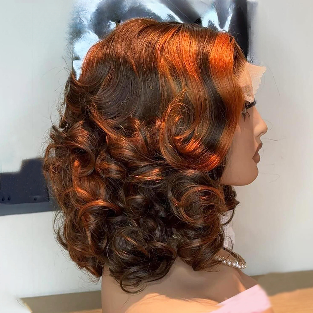 Destaque Ginger Orange Short Bob Bouncy wave 5x5 Glueless Human Hair Wigs Brown Loose Deep Wave Bouncy wave Bob Transparent Lace Wigs para mulheres_voghion.com