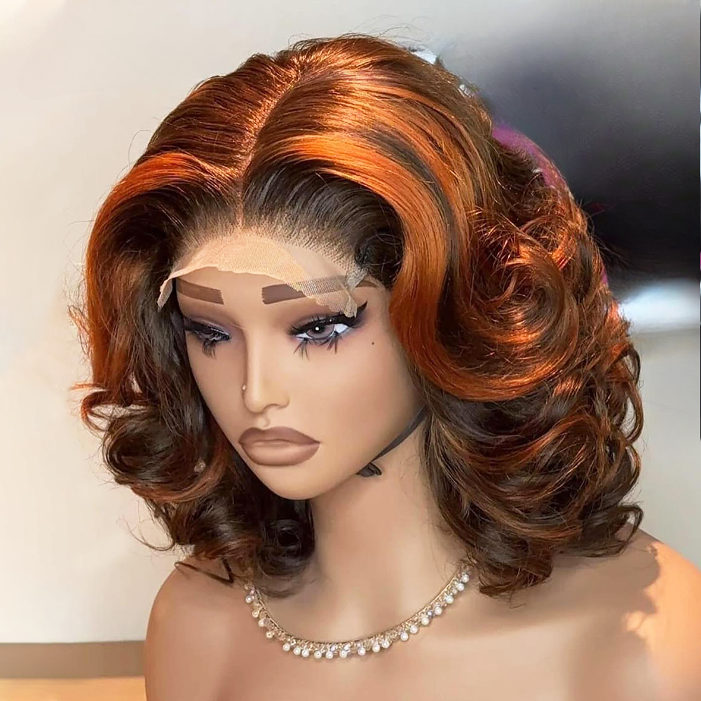 Destaque Ginger Orange Short Bob Bouncy wave 5x5 Glueless Human Hair Wigs Brown Loose Deep Wave Bouncy wave Bob Transparent Lace Wigs para mulheres_voghion.com