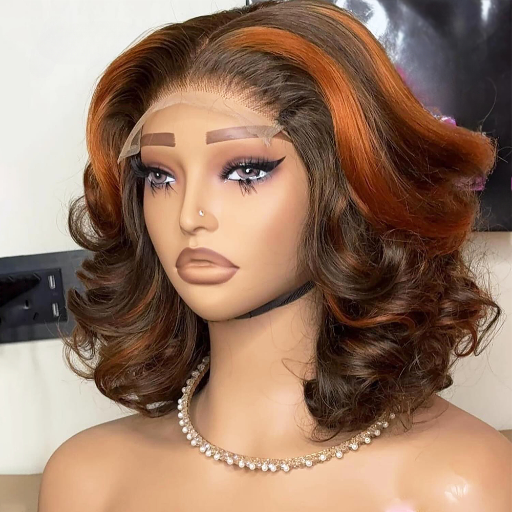 Destaque Ginger Orange Short Bob Bouncy wave 5x5 Glueless Human Hair Wigs Brown Loose Deep Wave Bouncy wave Bob Transparent Lace Wigs para mulheres_voghion.com