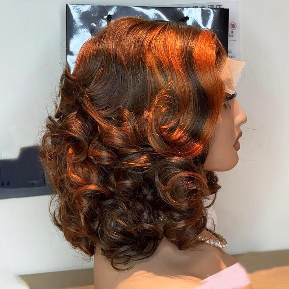 Destaque Ginger Orange Short Bob Bouncy wave 5x5 Glueless Human Hair Wigs Brown Loose Deep Wave Bouncy wave Bob Transparent Lace Wigs para mulheres_voghion.com