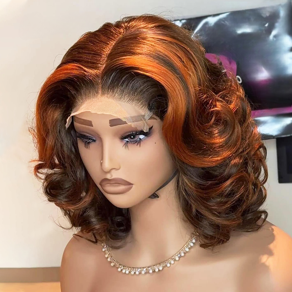 Destaque Ginger Orange Short Bob Bouncy wave 5x5 Glueless Human Hair Wigs Brown Loose Deep Wave Bouncy wave Bob Transparent Lace Wigs para mulheres_voghion.com