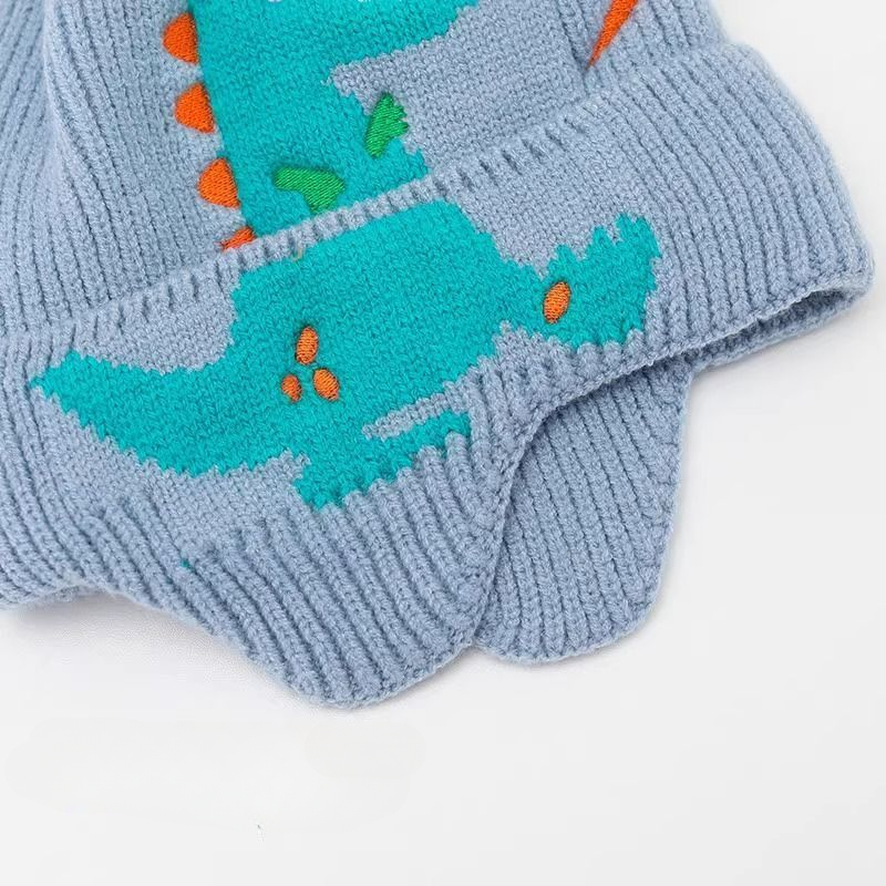 Little dinosaur cartoon windproof winter ear hat for boys and girls, autumn and winter new children's knitted thermal hat_voghion.com