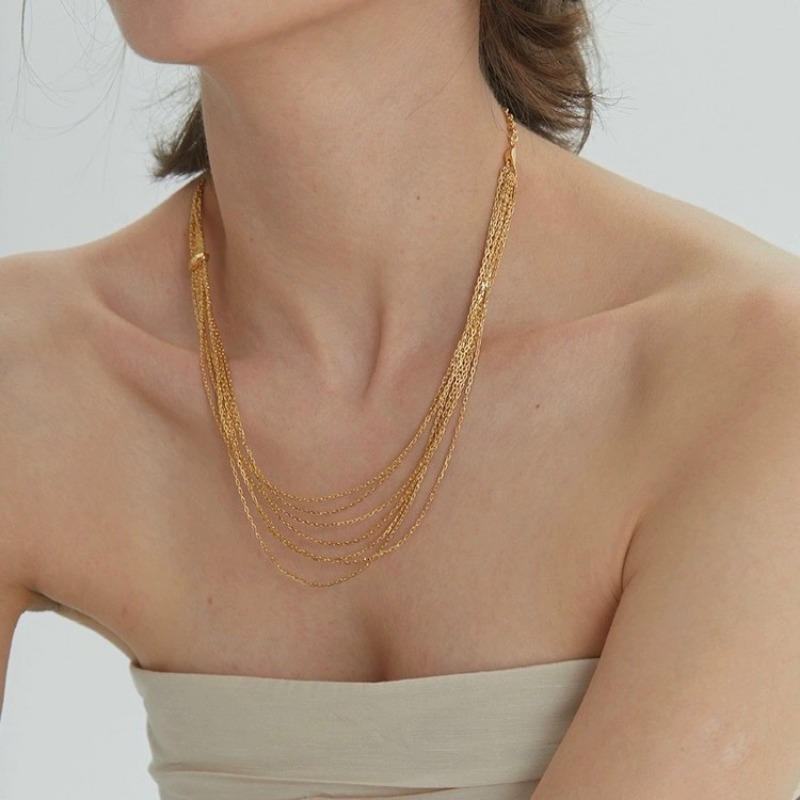 medieval gold multi-layer fringed necklace, light luxury niche women's decorative collarbone chain, retro multi-layer necklace_voghion.com