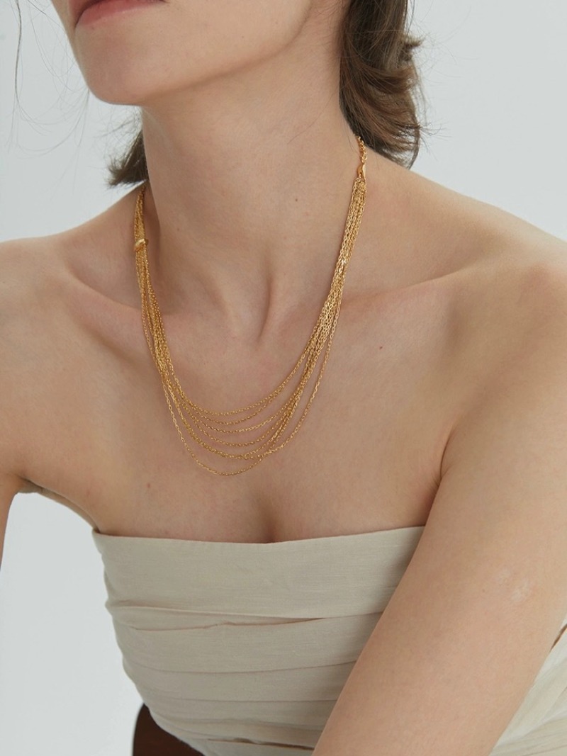 medieval gold multi-layer fringed necklace, light luxury niche women's decorative collarbone chain, retro multi-layer necklace_voghion.com
