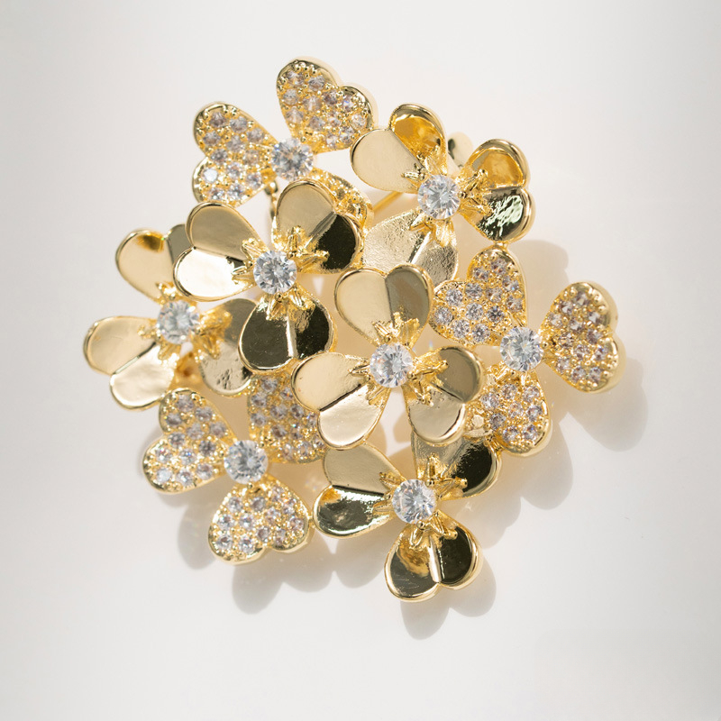 Vintage Kleeblatt Kranz Brosche, Boho Original Design Kupfer Zirkon Corsage_voghion.com
