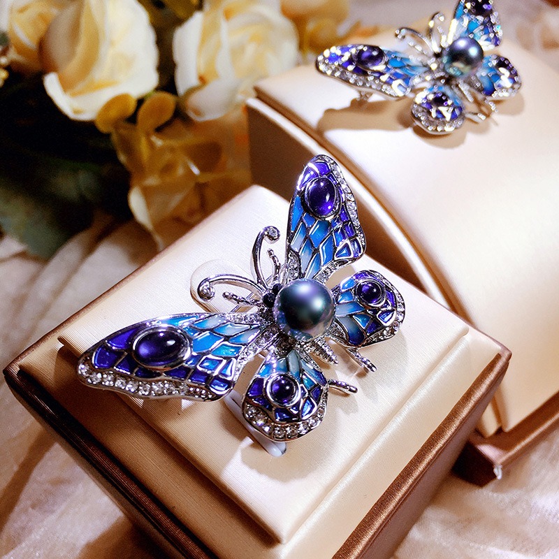 Europese en Amerikaanse emaille vlinder broche, zoetwater parel opaal speld, trui ketting dubbel gebruik_voghion.com