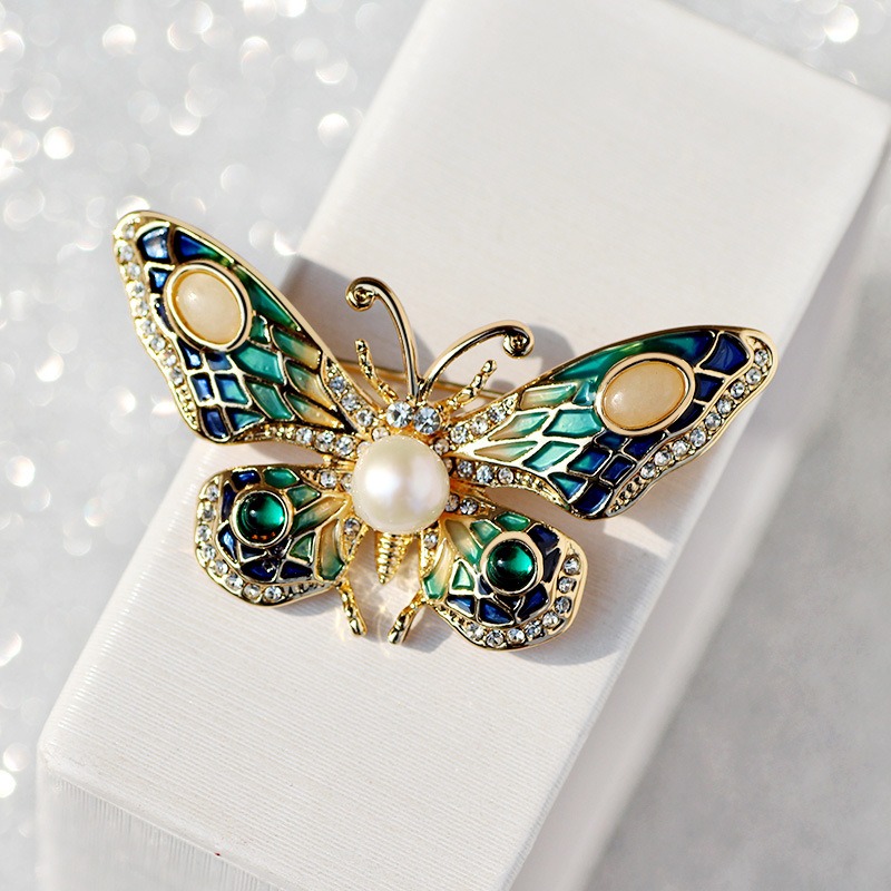 Europese en Amerikaanse emaille vlinder broche, zoetwater parel opaal speld, trui ketting dubbel gebruik_voghion.com