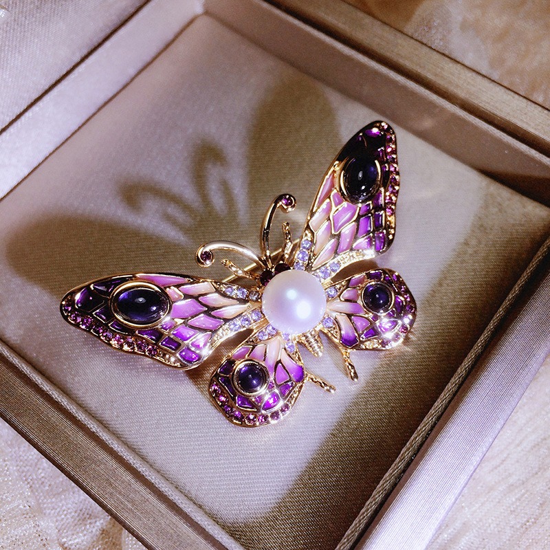 Europese en Amerikaanse emaille vlinder broche, zoetwater parel opaal speld, trui ketting dubbel gebruik_voghion.com