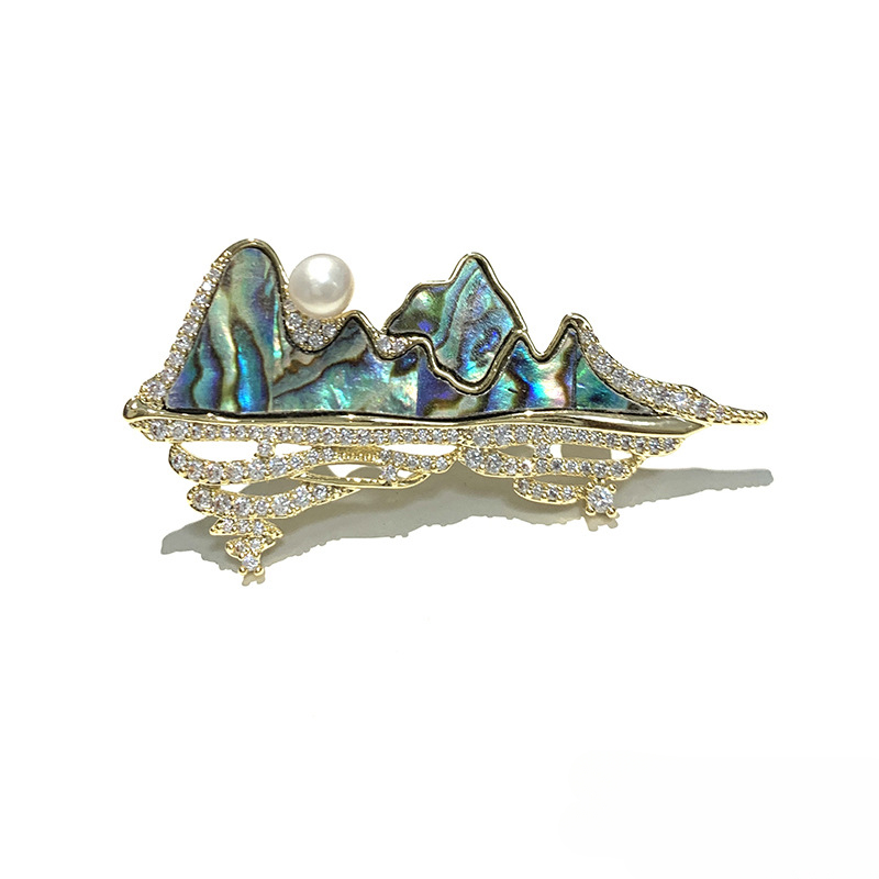 New Chinese style landscape painting, natural shell, freshwater pearl brooch, oriental aesthetic art jewelry_voghion.com