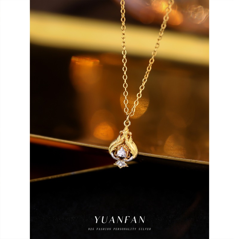 Collana in argento sterling retrò leggera di lusso con zirconi, stile ins, pendente con separazione avanzata dei colori, catena per il collo_voghion.com