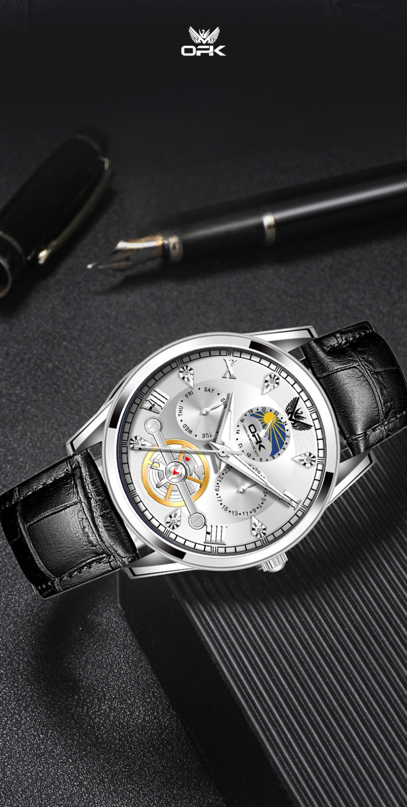 Men's Quartz Watch With Tourbillon And Calendar Luminous Hands_voghion.com