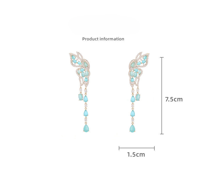 Boucles d'oreilles en argent S925 avec aiguille Ankara et zircon rouge Boucles d'oreilles en forme de goutte d'eau à longues franges en forme de papillon_voghion.com