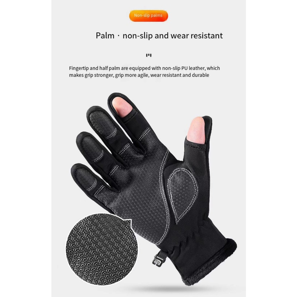 Gants de cyclisme hiver à emporter fuite de pêche deux doigts extérieur coupe-vent fermeture éclair écran tactile hommes chauds empilés gants épais_voghion.com