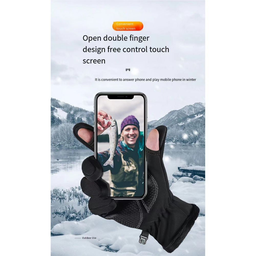 Gants de cyclisme hiver à emporter fuite de pêche deux doigts extérieur coupe-vent fermeture éclair écran tactile hommes chauds empilés gants épais_voghion.com