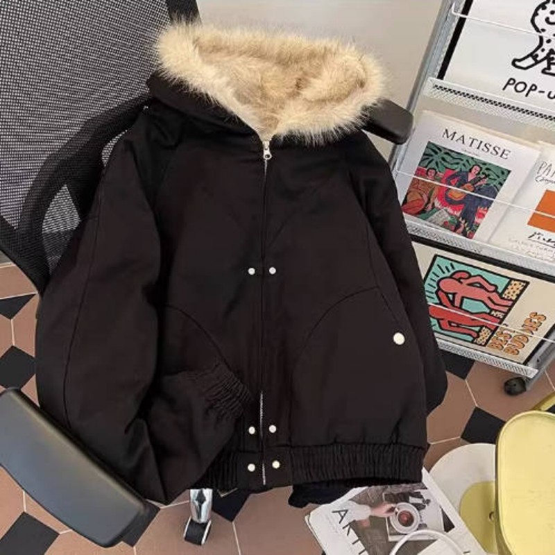 Heavy Leather Jacket Cotton Clothes Men's Winter Hooded Silhouette American Washed Tide Brand Fur Collar Seat Mountain Carving Warm Jacket_voghion.com