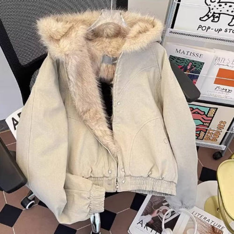 Heavy Leather Jacket Cotton Clothes Men's Winter Hooded Silhouette American Washed Tide Brand Fur Collar Seat Mountain Carving Warm Jacket_voghion.com