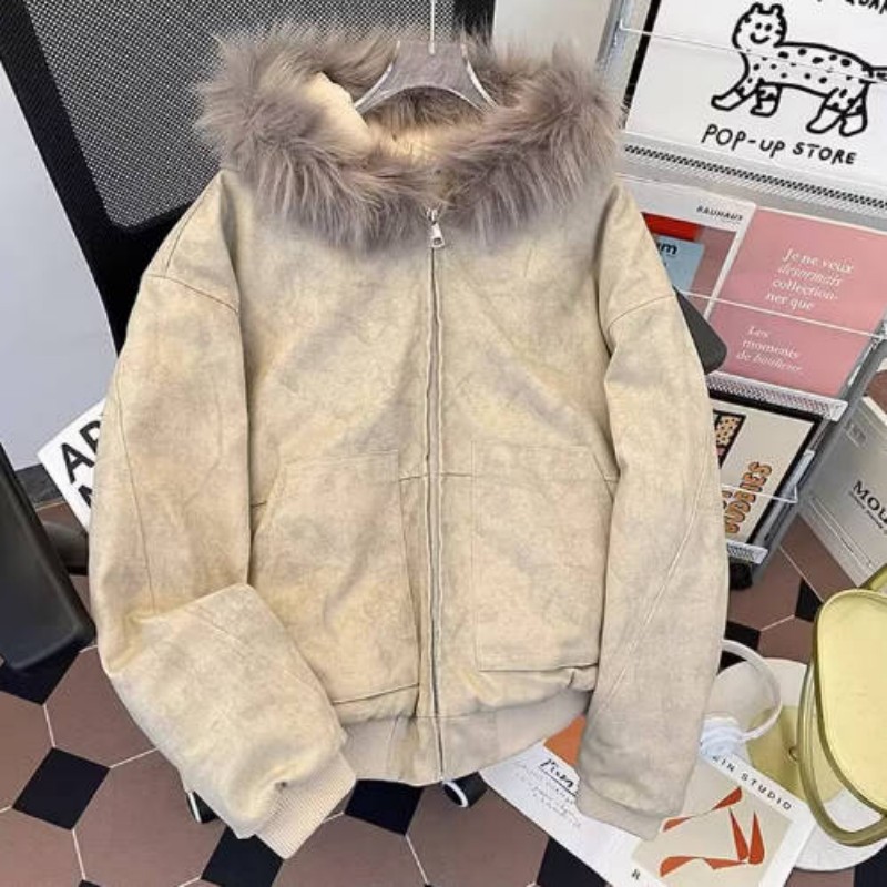 Heavy Leather Jacket Cotton Clothes Men's Winter Hooded Silhouette American Washed Tide Brand Fur Collar Seat Mountain Carving Warm Jacket_voghion.com