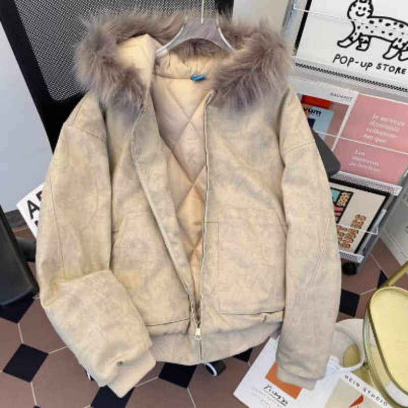 Heavy Leather Jacket Cotton Clothes Men's Winter Hooded Silhouette American Washed Tide Brand Fur Collar Seat Mountain Carving Warm Jacket_voghion.com