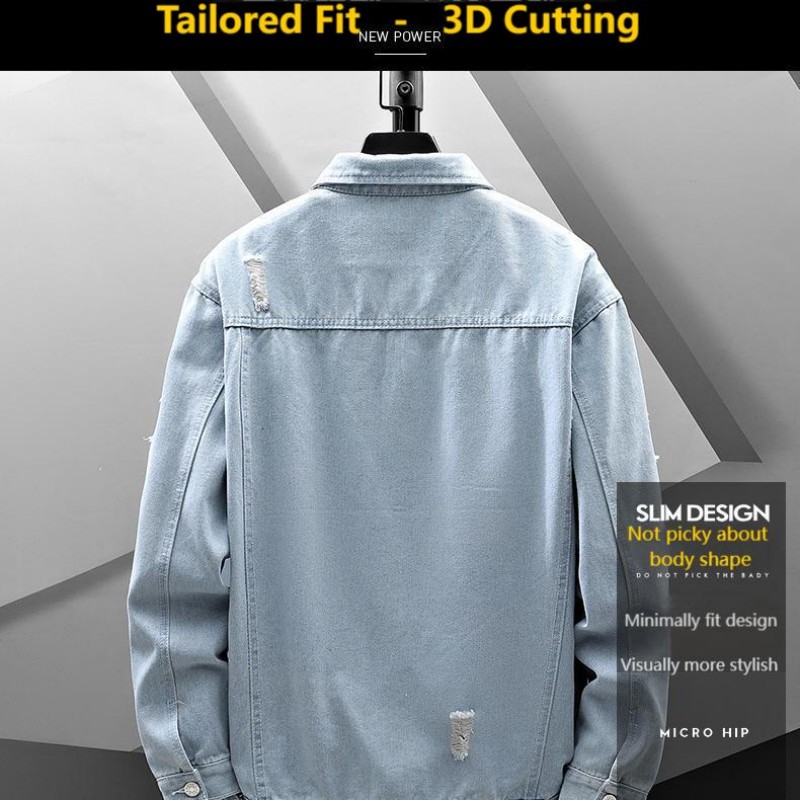 Giacca in denim strappato da uomo, di colore chiaro, alla moda, di marca, ampia, casual, con utensili, ruffiano, giacca elegante da uomo, autunno e inverno_voghion.com